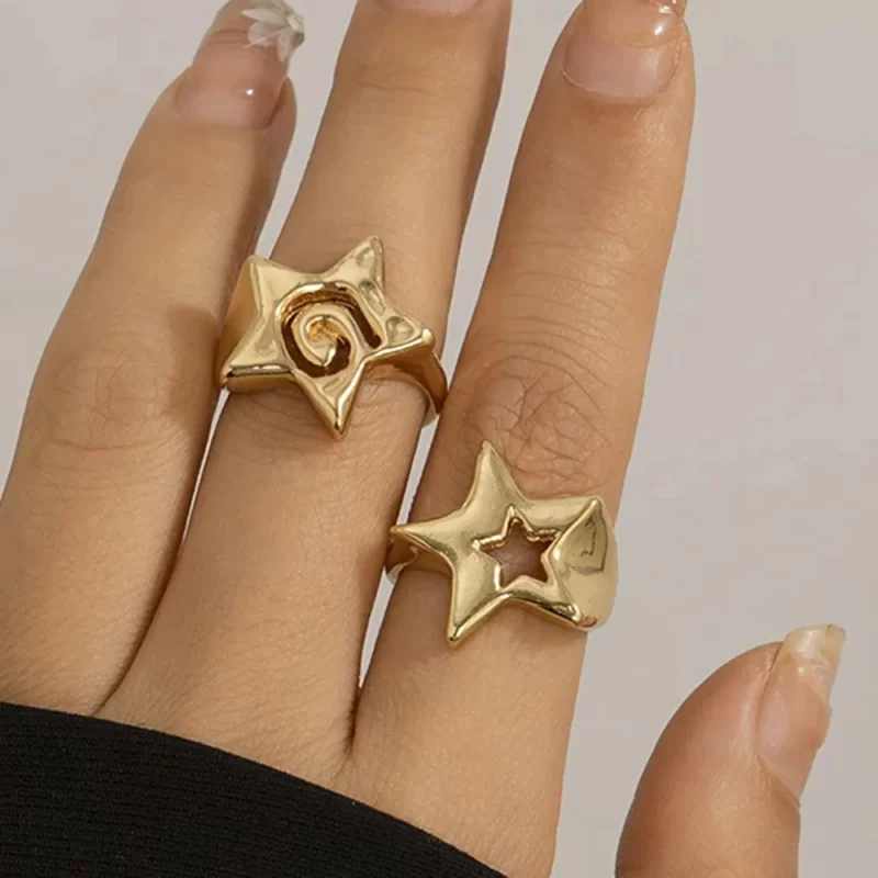 J&D Modern 18K Gold Plated Stainless Steel Open Ring Minimalist Star Hollowed High Polished Engagement Finger Ring Classic Style - Image 2