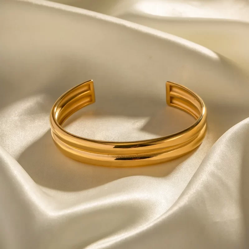 Minimalist Women Dainty Layer Chunky 18K PVD Gold Plated Stainless Steel Bracelet Opening Bangle - Image 4