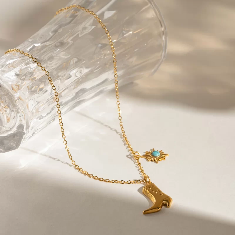 18k gold stainless steel + turquoise/turquoise star inlaid + patterned boot pendant necklace 42+5cm - Image 5