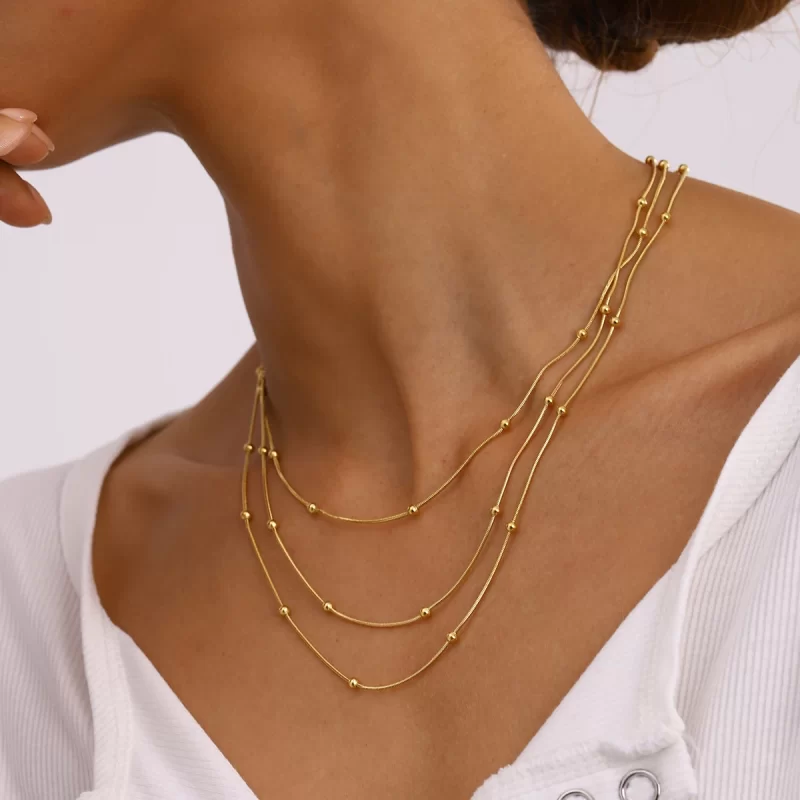 J&D Triple Layer Beaded Chain Necklace 18k Gold Plated Stainless Steel Simple Minimalist Modern Design - Image 4