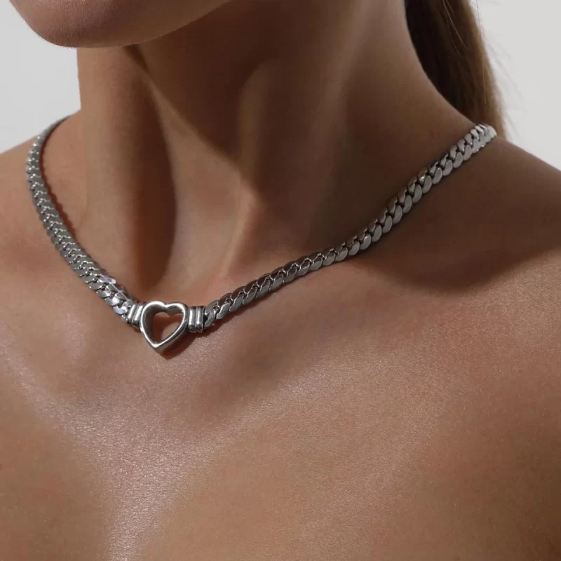 New Trend Stainless Steel Silver Plated Cuban Chain Hollow Heart Necklace Wedding Love Heart Necklace - Image 2