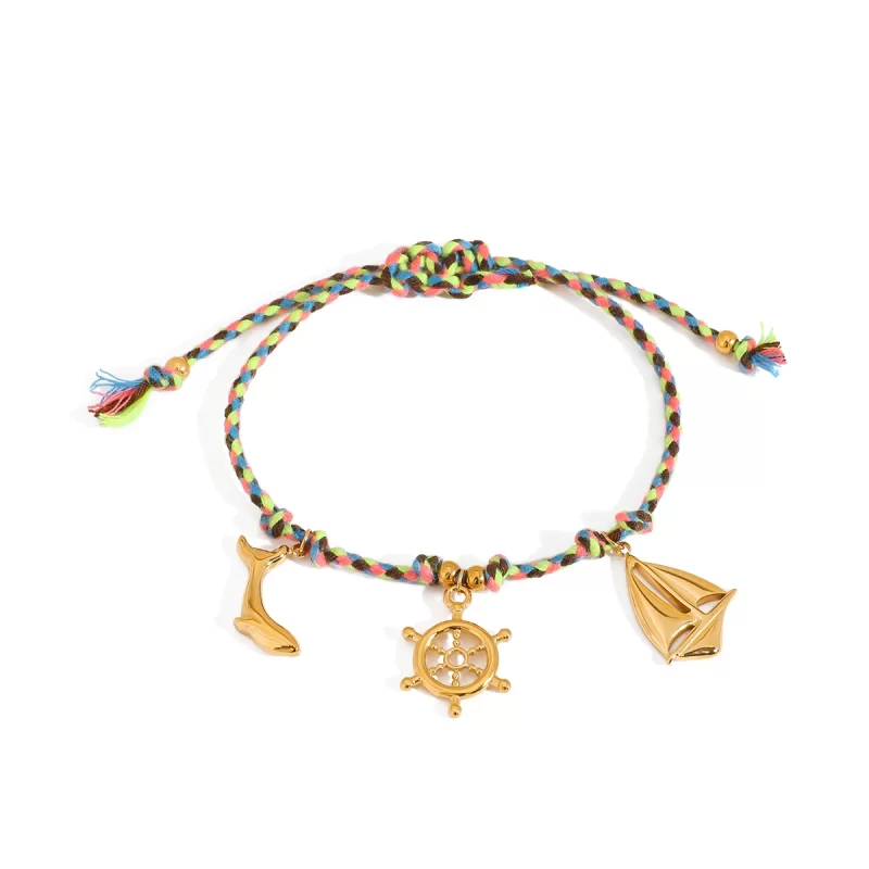 J&D 18K Gold Plated Stainless Steel Summer Beaded Bracelet Colorful String Ocean Charm for Beach Vacation Jewelry