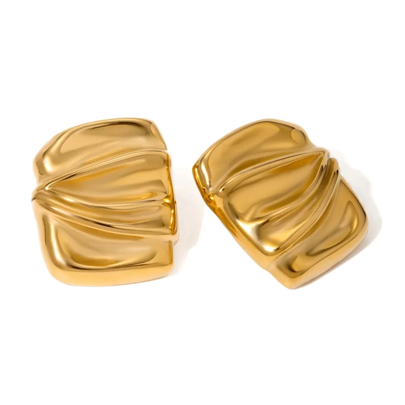 Unisex 18k Gold and Silver Plated Stainless Steel Rectangular Wrinkle Stud Earrings Trendy Left Right Pair