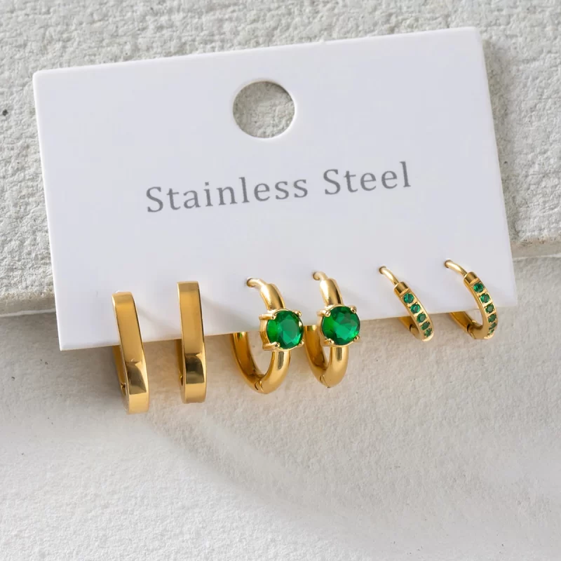 Classic Design 18k Gold Stainless Steel Green Zircon Stud Earrings Vintage Style Hoop Earrings for Sophisticated Look - Image 3