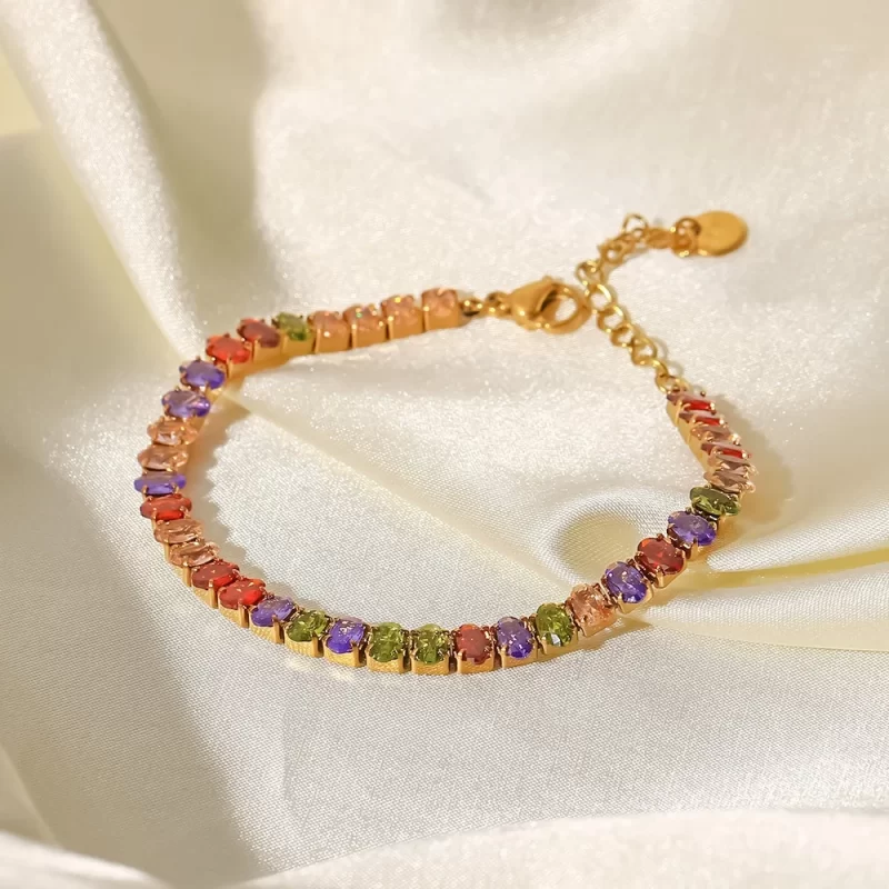 Mix Color Round Shape Zirconia Circling Setting 18K Gold Plated Stainless Steel Crystal Bracelets - Image 2