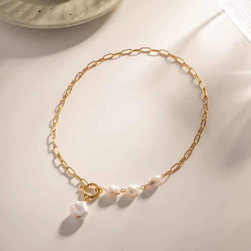 New Jewelry Stainless Steel Spring Lock Half Paperclip Chain Freshwater Pearl Necklace for Women
