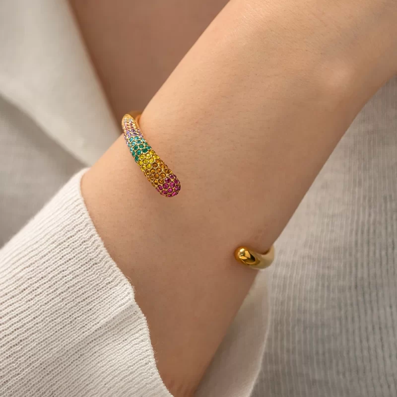 Colorful Zircon Inlaid Stainless Steel 18K Gold-plated Open Bangle Fashion Jewelry Rainbow Bracelet for Women - Image 2