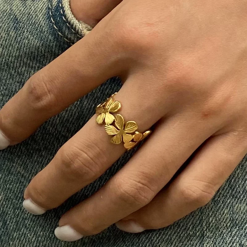 Waterproof 18k Gold Plated Stainless Steel Jewelry Five Petal Ribbed Flower Adjustable Open Ring - Image 3