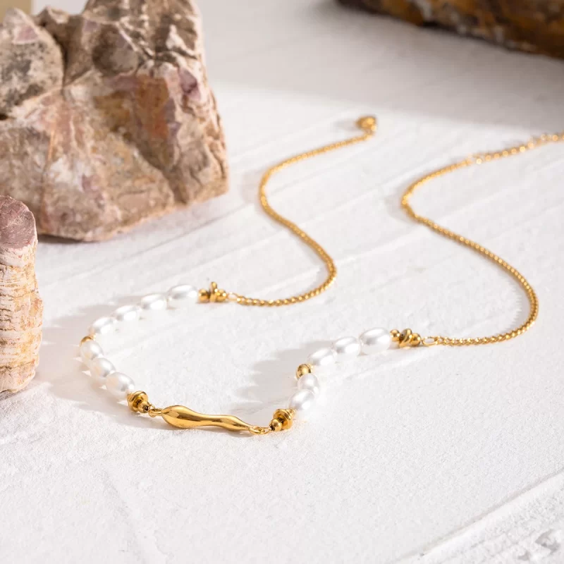 18K Gold Stainless Steel Glass Pearl Oval Pearl Smooth 45+5cm Wave Straight Women Necklace - Image 4