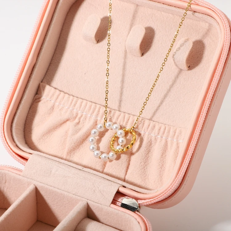 18K Gold Plated Stainless Steel Double Circle Link Chain Choker Pearl Pendant Necklaces for Women