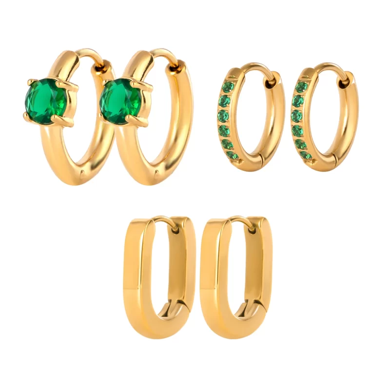 Classic Design 18k Gold Stainless Steel Green Zircon Stud Earrings Vintage Style Hoop Earrings for Sophisticated Look