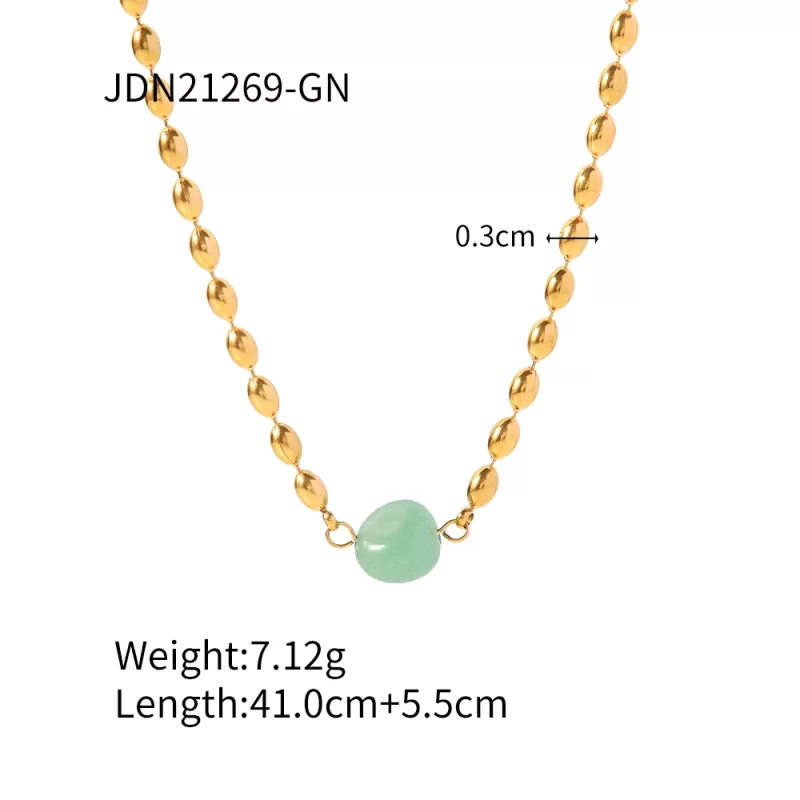 Stainless Steel 18K Gold Plated Jewelry Green Natural Stone Oval Golden Bead Necklace for Women - Image 6
