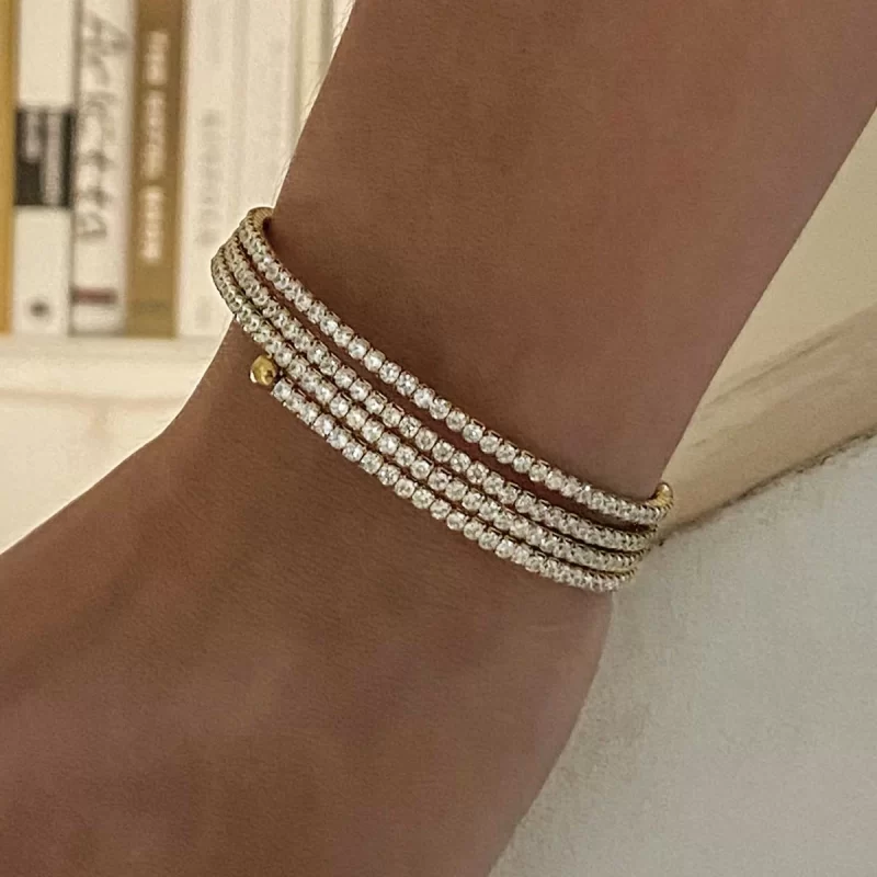 J&D 18k Gold Stainless Steel White Zircon Full Zircon Triple Layer Bracelet Luxurious Style Party Wearing - Image 2