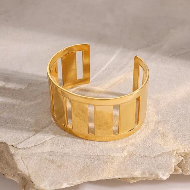 Waterproof 18k Gold Plated Stainless Steel Jewelry Party Gift Geometric Chunky Simple Cuff Bracelet - Image 3