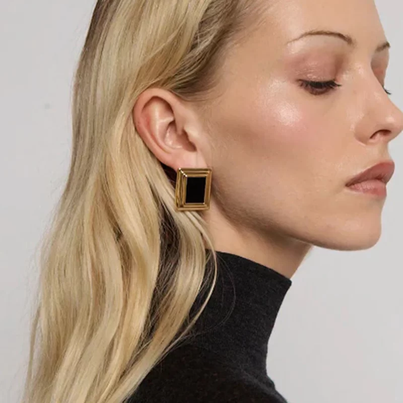 Retro Style 18K Gold Stainless Steel Black Onyx Rib Square Black Onyx Earrings - Image 3