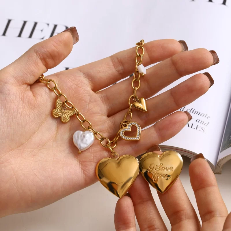 J&D 18k Gold Stainless Steel Imitation Shell Pearl White Diamond Engraved Love Photo Box Necklace - Image 3