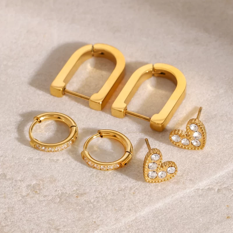 18k Gold Stainless Steel Jewelry White Heart Water Drill Ear Clips Elegant Jewelry Set of 3 Versatile Accessory - Image 3
