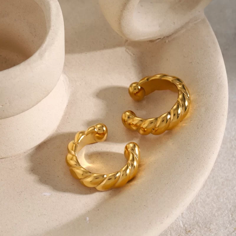 Waterproof Ear Cuff 18K IP Gold Plated Earring Stainless Steel Smooth Swirl Spiral Chunky Ear Clip - Image 2