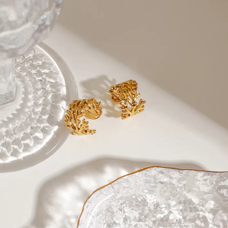 18k Gold Stainless Modern Minimalist 18K Gold Stainless Steel Glossy Tree Branch Hollow Open Ear Clip Earrings - Image 4