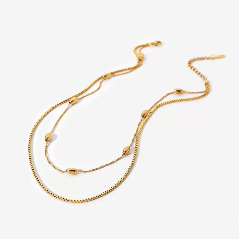 18k Gold Small Cube Collar Stainless Steel Double Layered Necklace Oval Ball Beads Chain Choker Necklace - Image 5