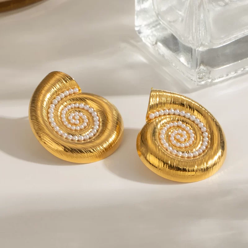Conch Shape Pearl Stud Earrings 18k Gold Plated Stainless Steel Brushed Finish Nautical Design - Image 5