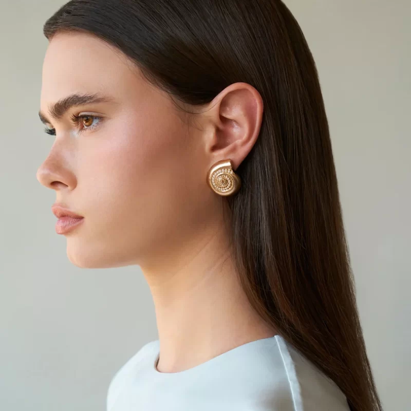 Conch Shape Pearl Stud Earrings 18k Gold Plated Stainless Steel Brushed Finish Nautical Design - Image 2