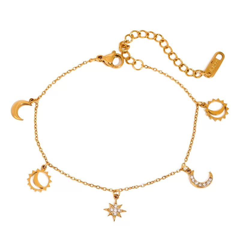 J&D Trendy Moon Star Stainless Steel Bracelet Geometric Rhinestone Dainty Fashion Chain Jewelry