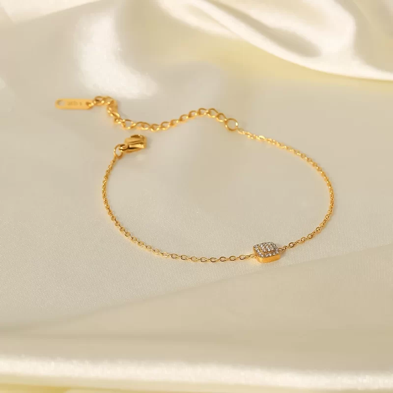 Thin Chain Charm18K Gold Plated Stainless Steel Square Pendant Cubic Zirconia Bracelet Women - Image 4