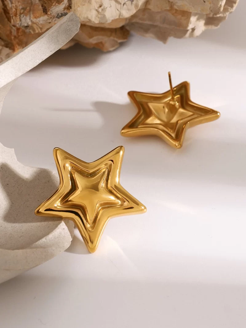 18k Gold Stainless Steel Raised Star Earrings Unique Statement Jewelry - Image 3