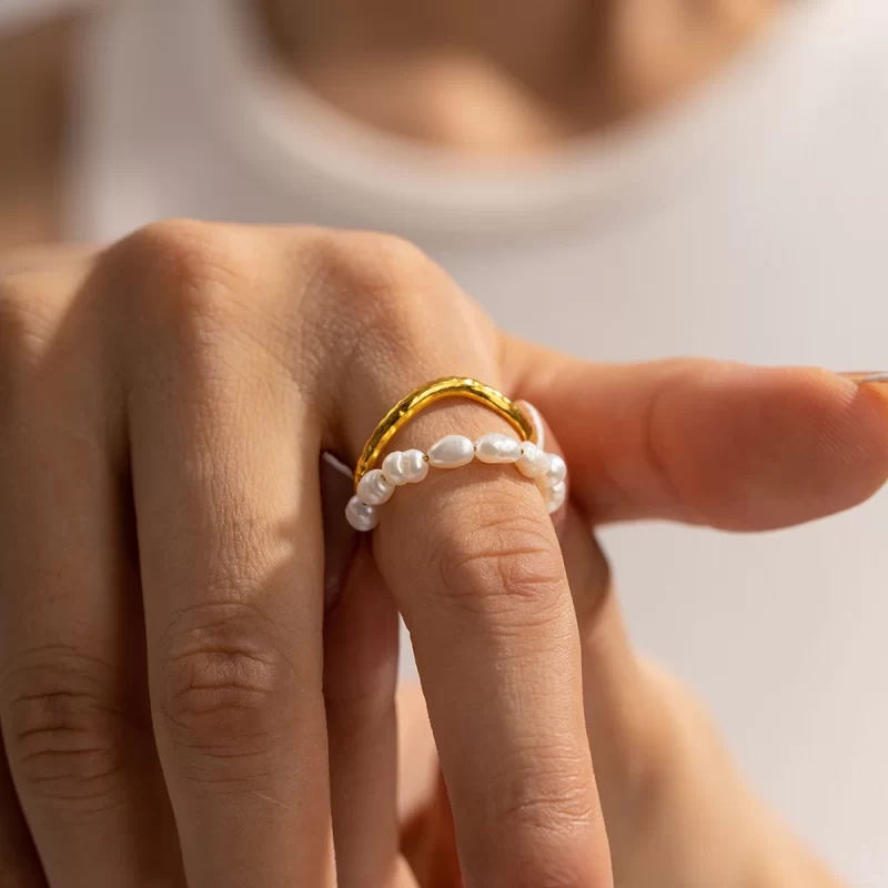 Freshwater Chain Pearl Opening Ring 18K PVD Gold Plated Stainless Steel Link Chain Natural Pearl Ring for Women - Image 3