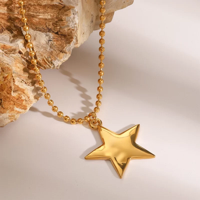 J&D Glossy Fashion Statement Jewelry 18K Gold Stainless Steel Five-Pointed Star Pendant Beaded Necklace - Image 3