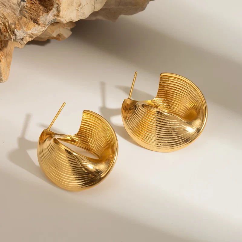 Vintage Irregularity Twist Rib Design Earring 18k Gold Plated Stainless Steel Waterproof Earring for Women - Image 2