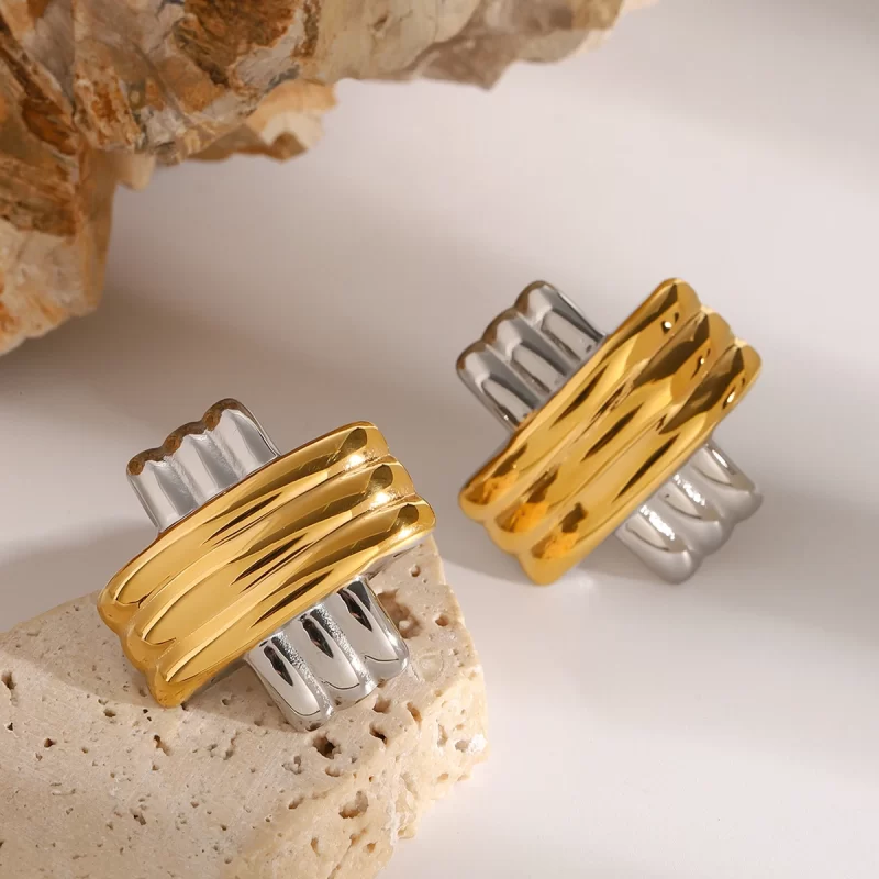 18k Gold-Silver Stainless Steel Ribbed Minimalist Stud Earrings Elegant Modern Style Fashion Earring - Image 2
