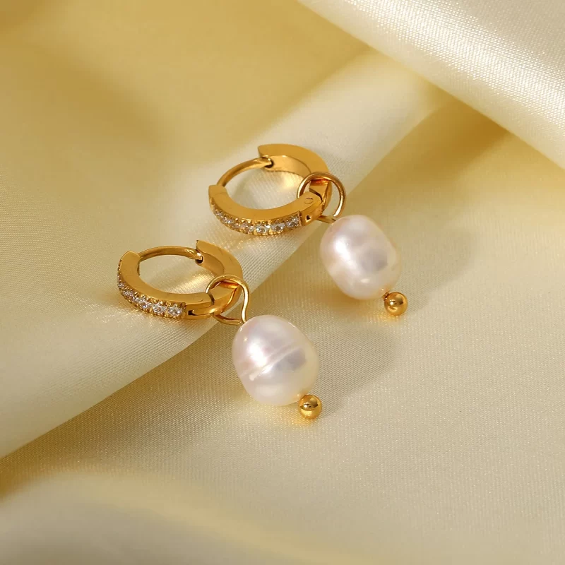 18k Gold Pvd Plated Stainless Steel Jewelry Cubic Zirconia Hoop Freshwater Pearl Pendant Earrings - Image 5