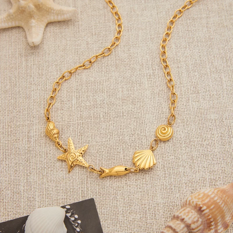 J&D 18K Gold Plated Stainless Steel DIY Charm Necklace Spiral Starfish for Summer Beach Party Trendy Link Chain - Image 3
