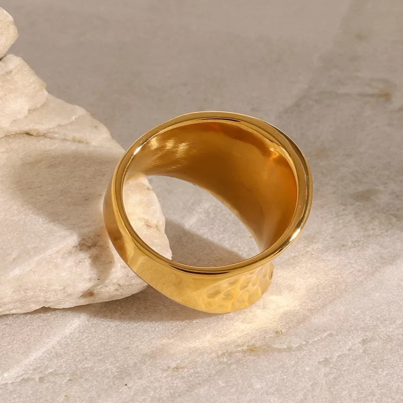 J&D Designer 18K Gold Plated Stainless Steel Exaggerated Concave Design Bold Wide Hammered Rings - Image 4