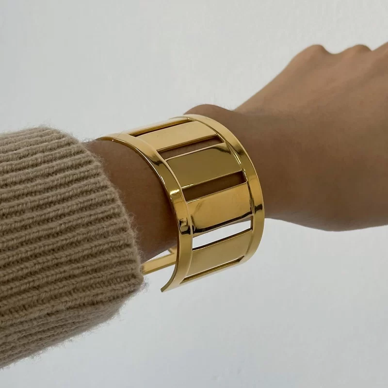 Waterproof 18k Gold Plated Stainless Steel Jewelry Party Gift Geometric Chunky Simple Cuff Bracelet - Image 2