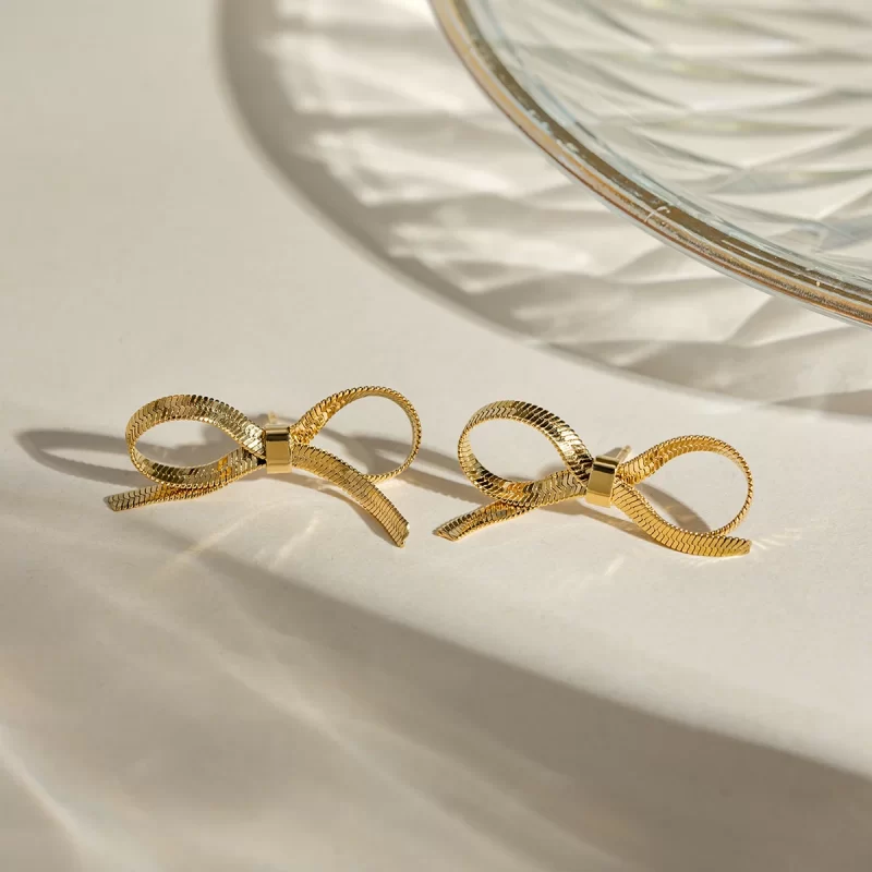 Snake Chain Bow Stud Earring 18K PVD Gold and Silver Plated Stainless Steel Fancy Bow Drop Earring for Women - Image 2