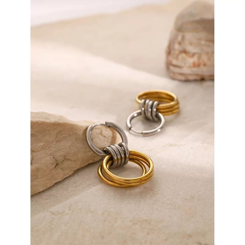18K Stainless Steel PVD Plated Gold and Silver Color Matching Polished Steel Hanging Earring Two Tone Color for Women - Image 3
