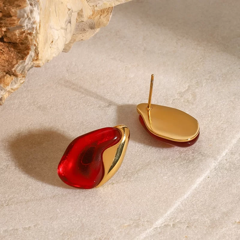 18K Gold Stainless Steel Drop Earrings with Red Natural Stone Luxurious Geometric Vintage Fashion Jewelry Elegant Hoop Style - Image 4