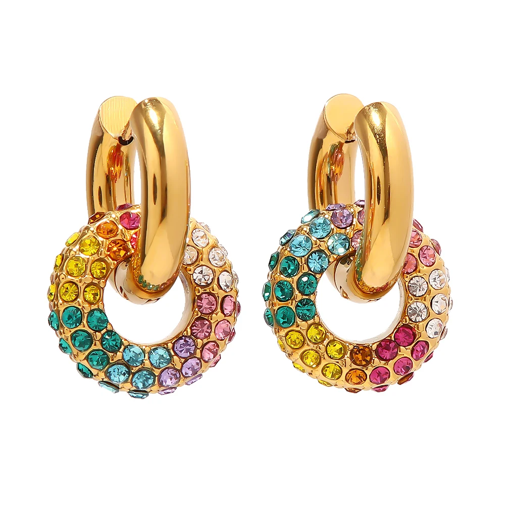 Waterproof 18k Gold Plated Stainless Steel Jewelry Gift Colorful Cubic Zirconia Hoop Earrings for Women
