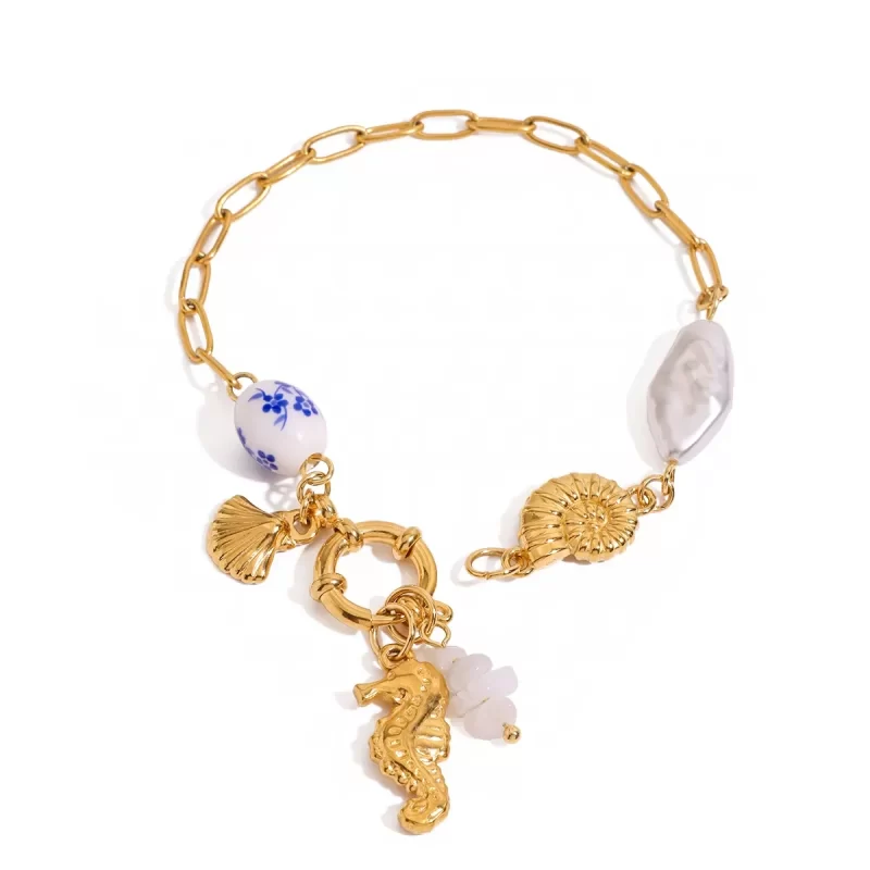 J&D Summer 18K Gold Stainless Steel Ceramic Pearl Conch Seahorse Shell Charms Sailor Buckle Bracelets