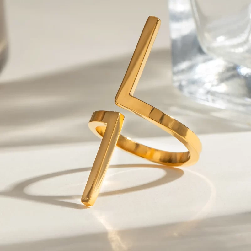 J&D Minimalist Women Jewelry 18K Gold Plated Stainless Steel Exaggerated Geometric Open Adjustable Ring - Image 4