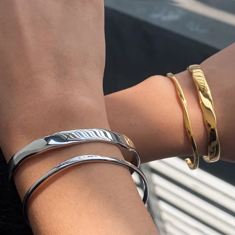 J&D Jewelry 18K Gold Plated Geometric Hypoallergenic Twist Wave Thin Matching Wide Cuff Bangle - Image 3