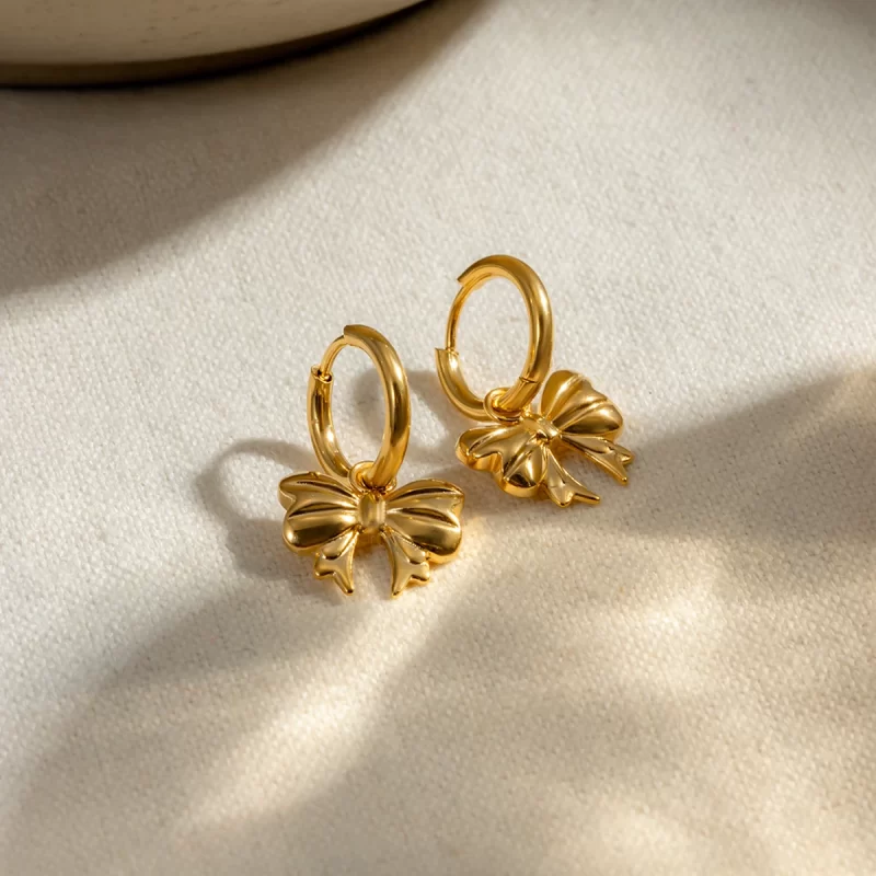 Stainless Steel Bow Tie Earring Waterproof Stud Hoop Earring 18k Gold Plated Bow Hopp Pendent Bow Bowknot Drop Earring - Image 4