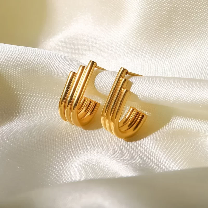 18k Gold Plated Three Layers Pipe Organ U Shape Stainless Steel Stud Earrings - Image 2