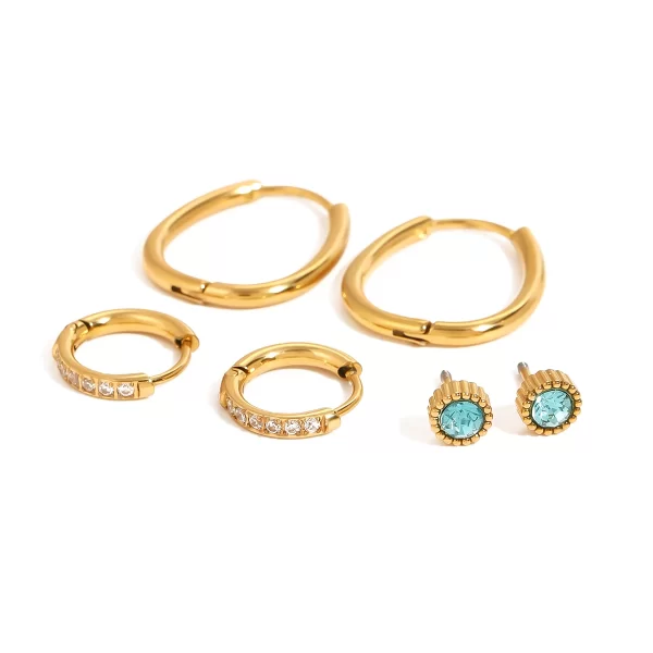 18k Gold Stainless Steel Jewelry Blue Zircon and White Water Drill Ear Clips Chic Jewelry Set of 3 Everyday Wear