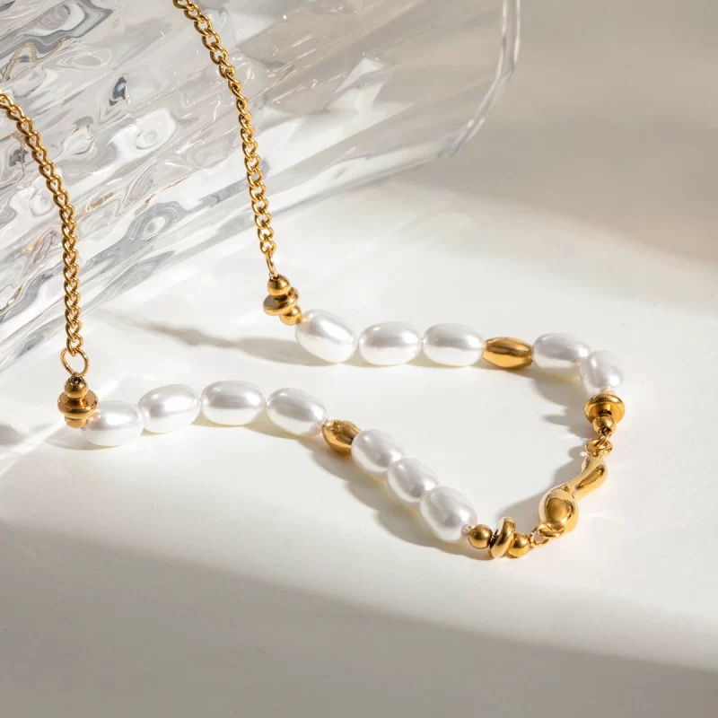 18K Gold Stainless Steel Glass Pearl Oval Pearl Smooth 45+5cm Wave Straight Women Necklace - Image 5