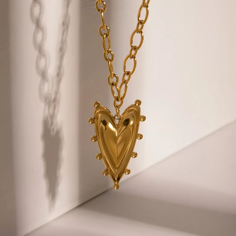J&D 18k Gold Plated Stainless Steel Jewelry Gift Texture Heart Shape Rivet Pendant Necklace Women - Image 3