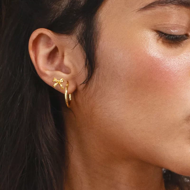 J&D Elegant Stainless Steel Gold Plated Earring Handmade Small Hoop and Bow Stud Earrings Set for Women - Image 2